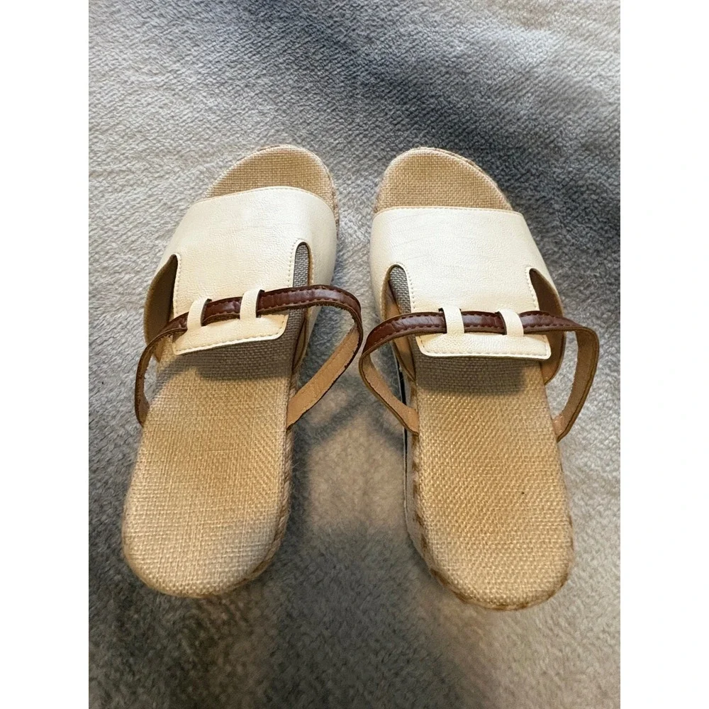 Cream Brown Espadrille Platform Wedge Sandals Mules Size 9 CN 41 Summer Boho